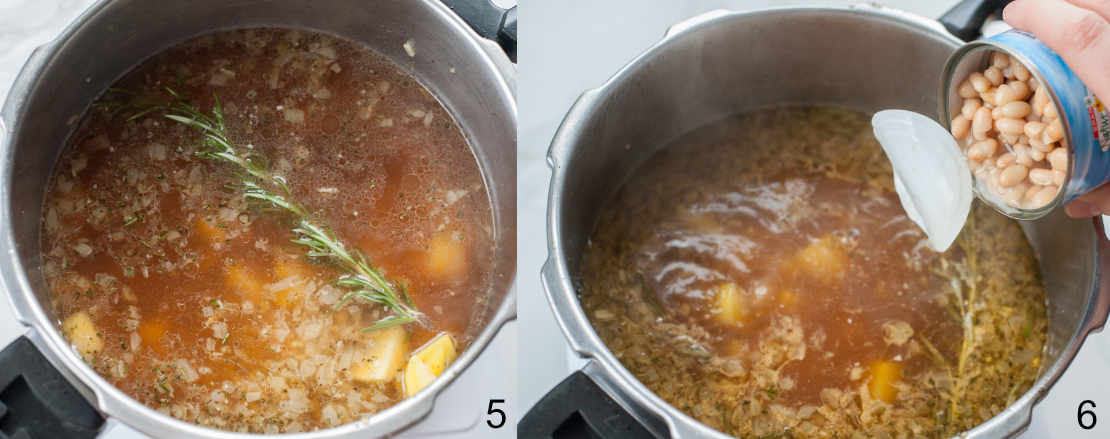 cannellini beans are being added to a pot of soup